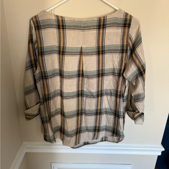 J. Jill Women’s Size Small Petite Plaid Beige Scoop Neck Short Sleeve 3/4 Sleeve - Picture 5 of 5